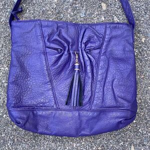 Empress, Vintage Purple Embossed Leather Shoulder Bag, Ruching & Tassel Accent